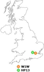 map showing distance between W1W and HP13