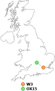 map showing distance between W3 and OX15