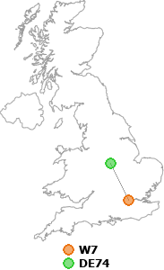 map showing distance between W7 and DE74