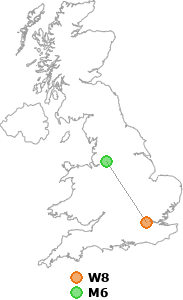 map showing distance between W8 and M6