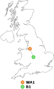 map showing distance between WA1 and B1