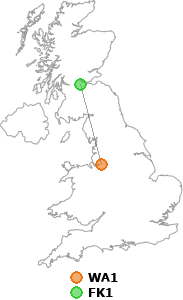 map showing distance between WA1 and FK1
