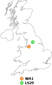 map showing distance between WA1 and LS29