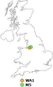 map showing distance between WA1 and M5