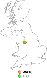 map showing distance between WA10 and L30