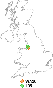 map showing distance between WA10 and L39