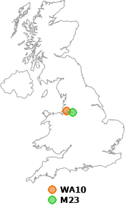 map showing distance between WA10 and M23
