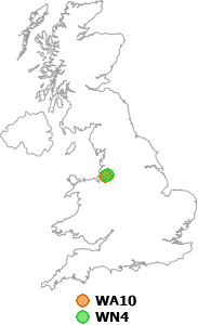 map showing distance between WA10 and WN4