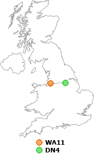 map showing distance between WA11 and DN4
