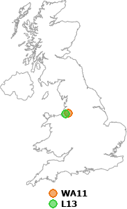 map showing distance between WA11 and L13