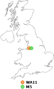 map showing distance between WA11 and M5