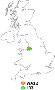 map showing distance between WA12 and L33