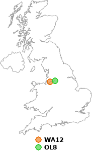 map showing distance between WA12 and OL8