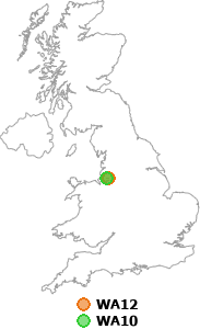 map showing distance between WA12 and WA10