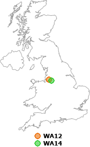map showing distance between WA12 and WA14
