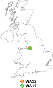 map showing distance between WA13 and WA14