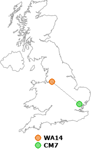 map showing distance between WA14 and CM7