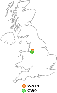 map showing distance between WA14 and CW9