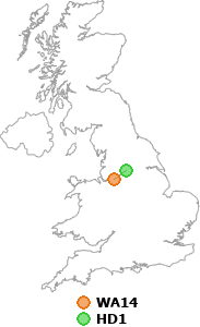 map showing distance between WA14 and HD1