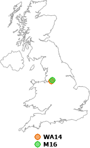 map showing distance between WA14 and M16