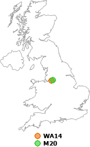 map showing distance between WA14 and M20