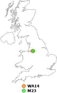 map showing distance between WA14 and M23