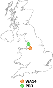 map showing distance between WA14 and PR3