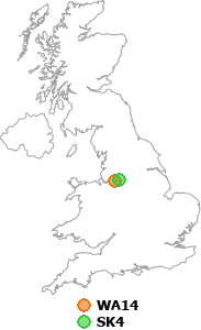 map showing distance between WA14 and SK4