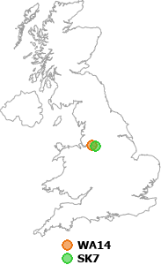 map showing distance between WA14 and SK7