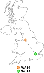 map showing distance between WA14 and WC1A