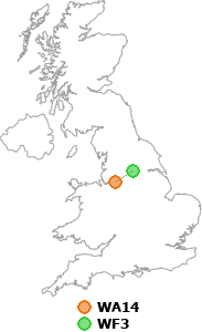 map showing distance between WA14 and WF3