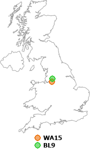 map showing distance between WA15 and BL9