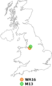 map showing distance between WA16 and M13