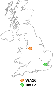 map showing distance between WA16 and RM17