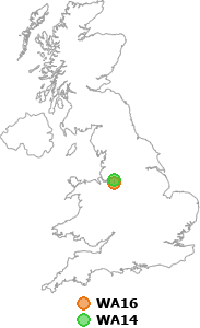 map showing distance between WA16 and WA14