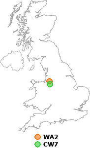 map showing distance between WA2 and CW7