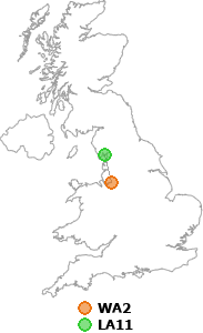 map showing distance between WA2 and LA11