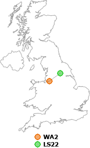 map showing distance between WA2 and LS22