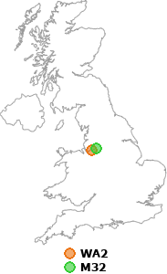 map showing distance between WA2 and M32