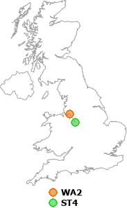 map showing distance between WA2 and ST4