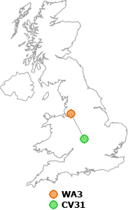map showing distance between WA3 and CV31