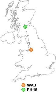 map showing distance between WA3 and EH48