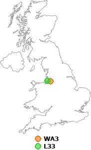 map showing distance between WA3 and L33