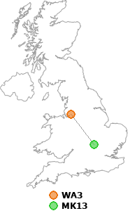 map showing distance between WA3 and MK13