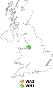 map showing distance between WA3 and WN1
