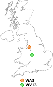 map showing distance between WA3 and WV13