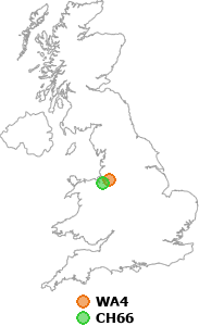 map showing distance between WA4 and CH66