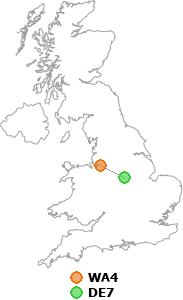 map showing distance between WA4 and DE7