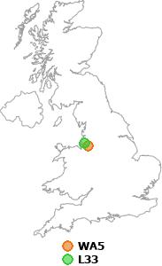 map showing distance between WA5 and L33