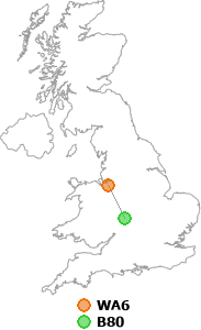 map showing distance between WA6 and B80